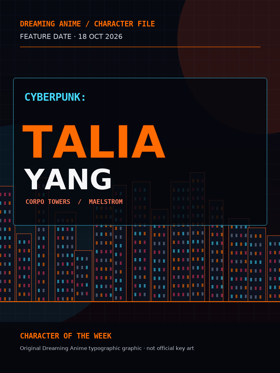 Original Dreaming Anime typographic spotlight graphic for Talia Yang; not official key art