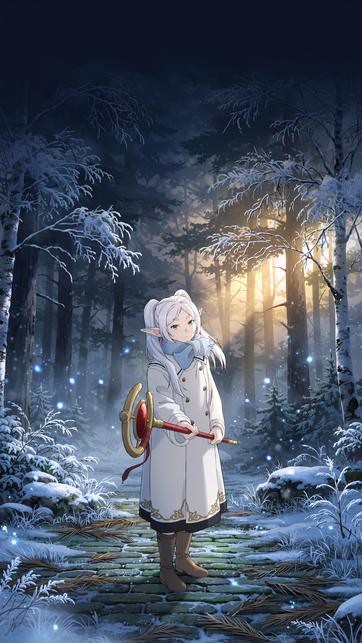 Original Frieren phone wallpaper in a snowy forest