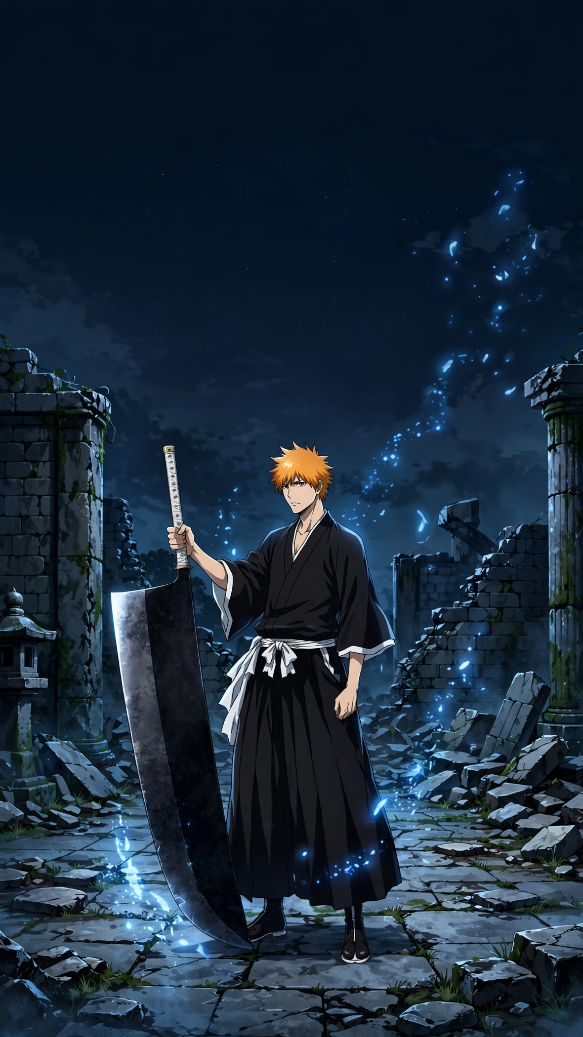 Original Ichigo Kurosaki phone wallpaper with space for app icons