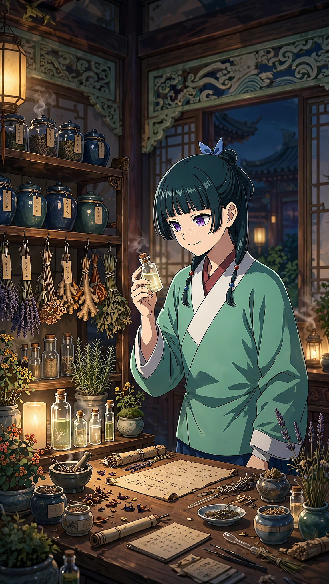 Cute Maomao in her apothecary robe among herbs and medicine bottles