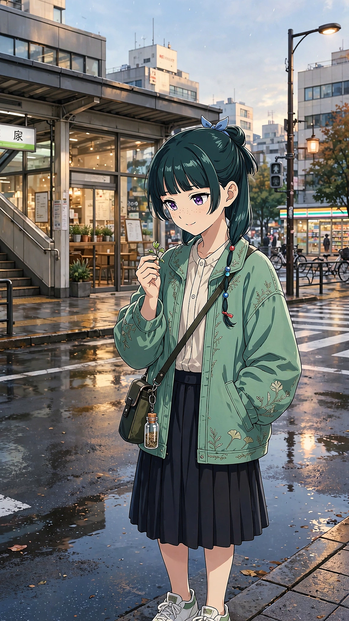Maomao in modern streetwear on a contemporary city street
