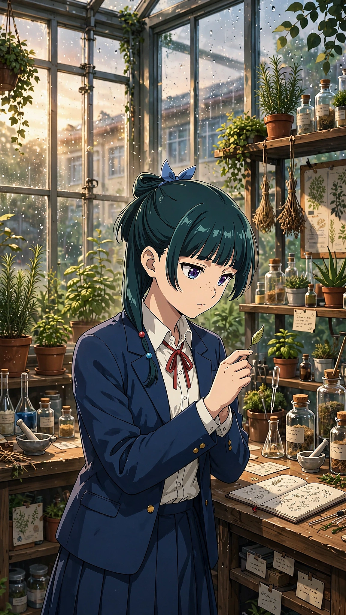Maomao in a navy school uniform studying an herb in a sunlit greenhouse