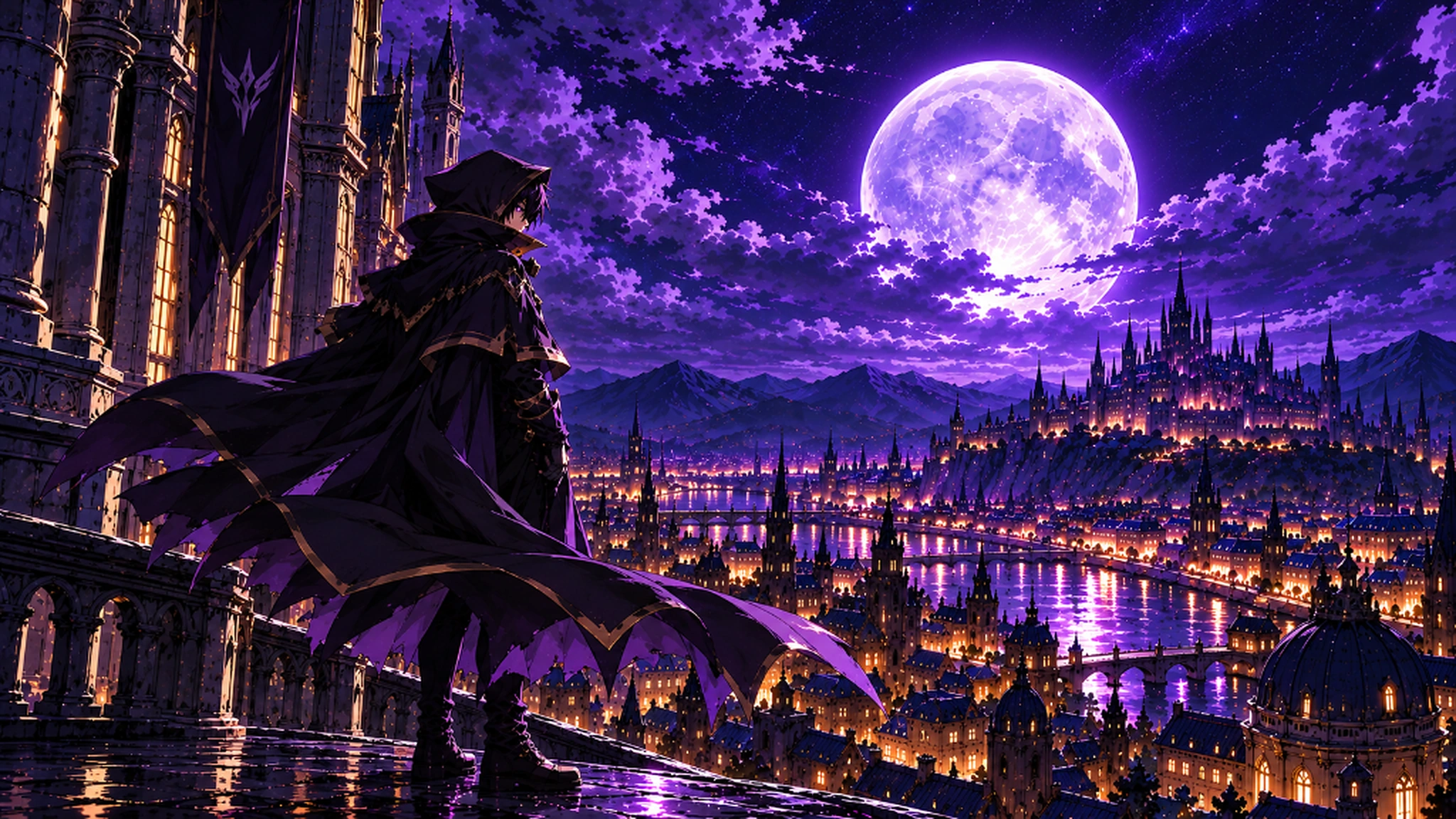 Cid Kagenou from The Eminence in Shadow overlooking a luminous violet city beneath a full moon, desktop wallpaper