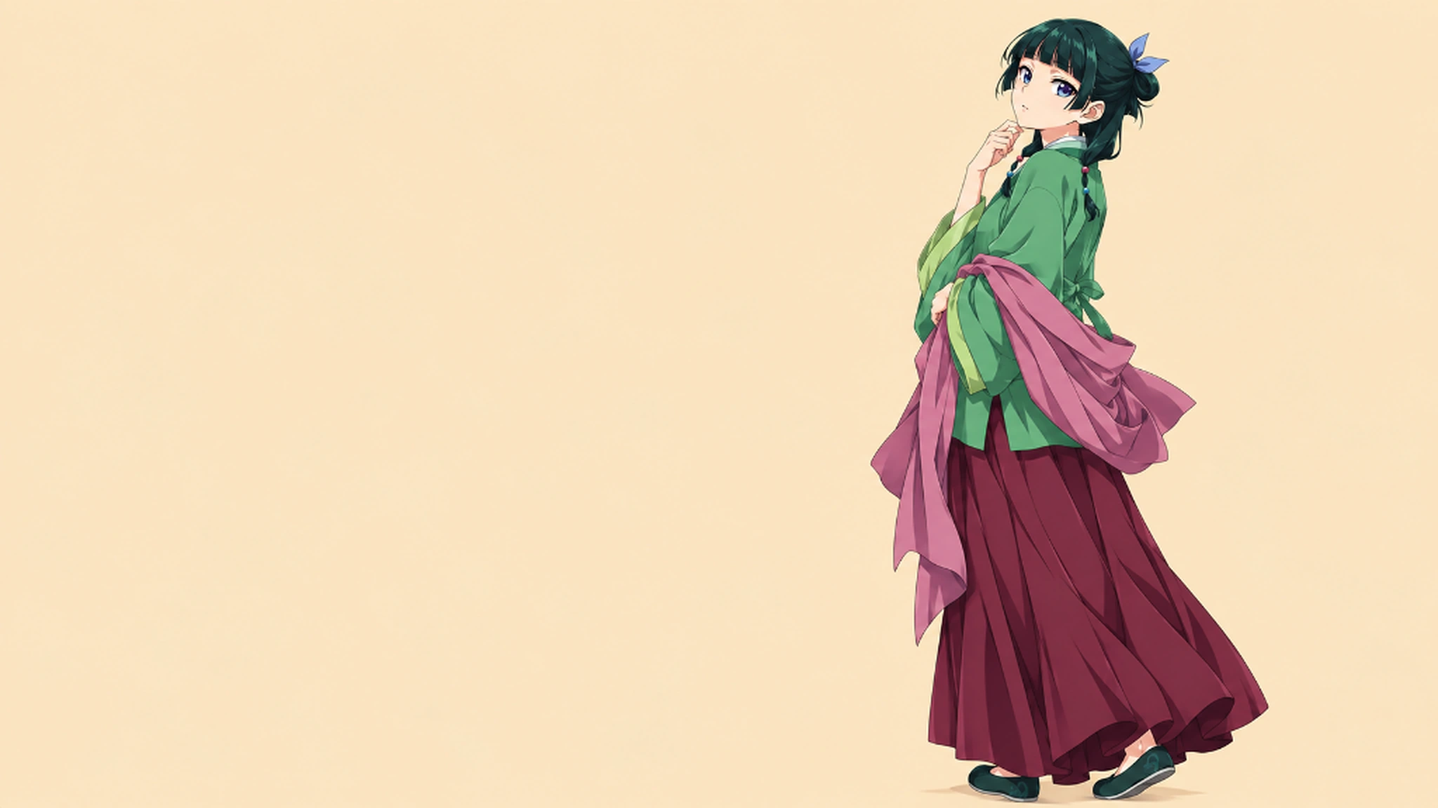 Maomao in green and rose robes against a warm golden backdrop., desktop wallpaper