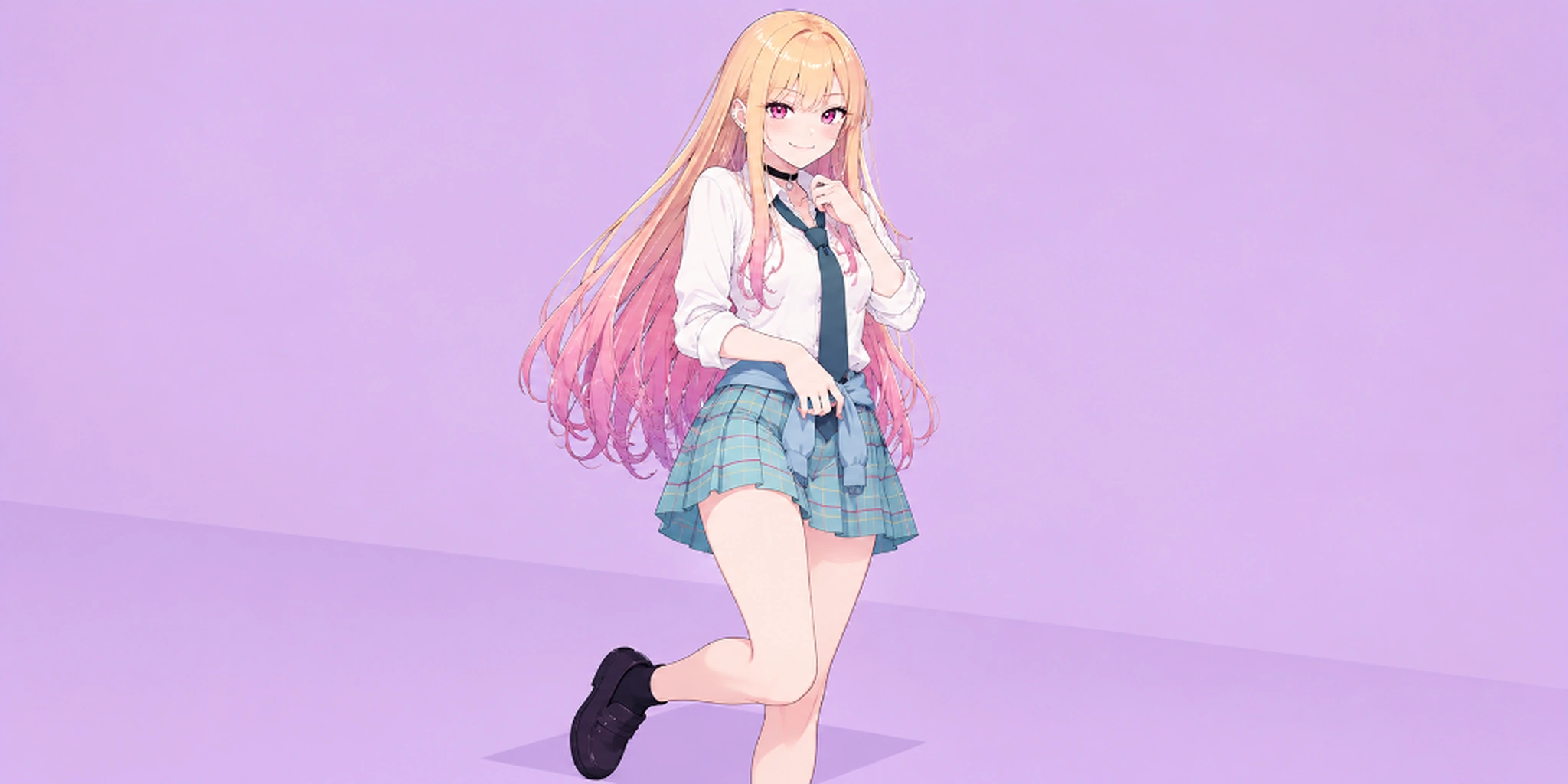 Marin Kitagawa in her school uniform against a soft lavender backdrop., desktop wallpaper