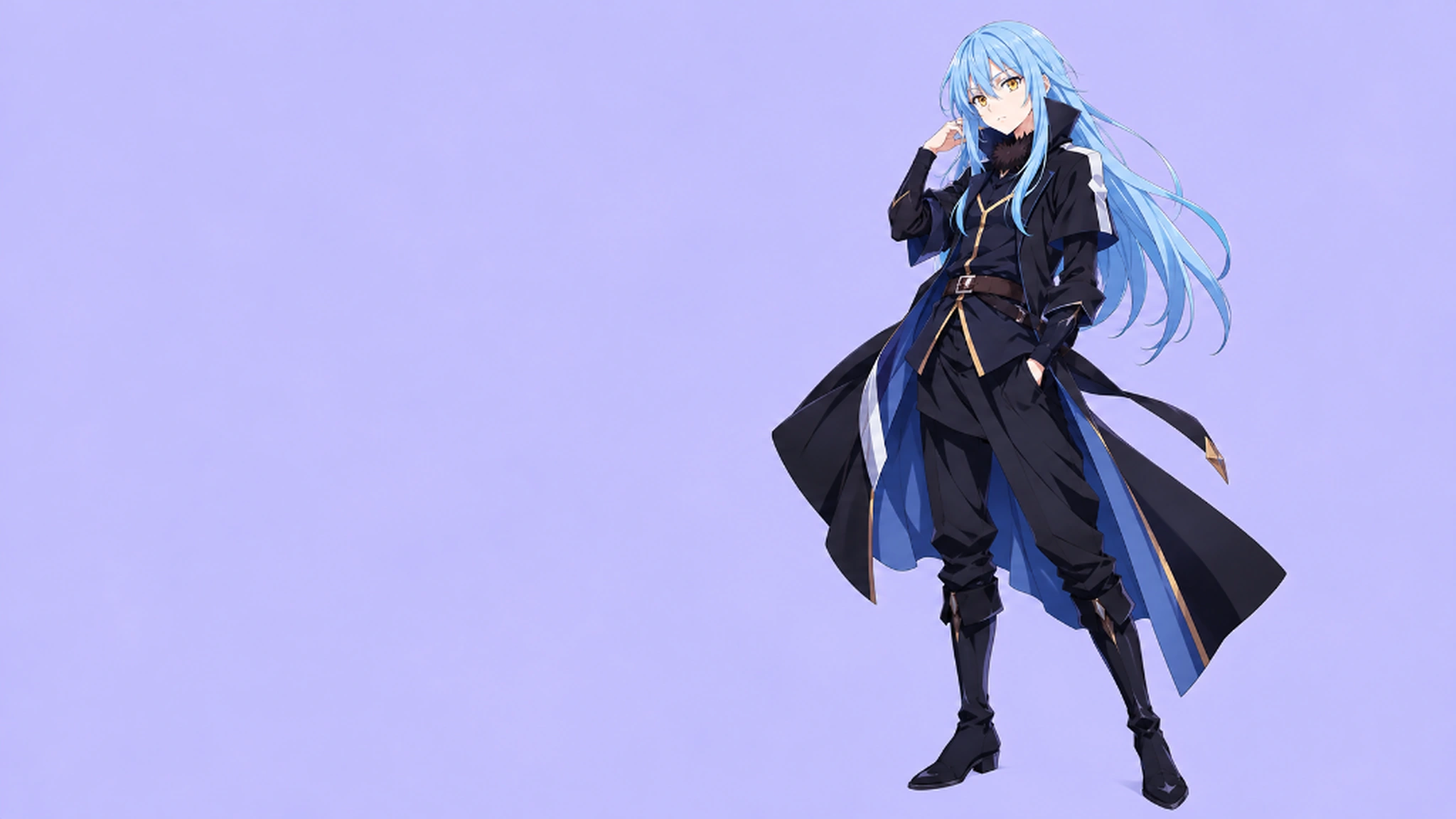 Rimuru Tempest in a dark coat against a pale violet backdrop., desktop wallpaper