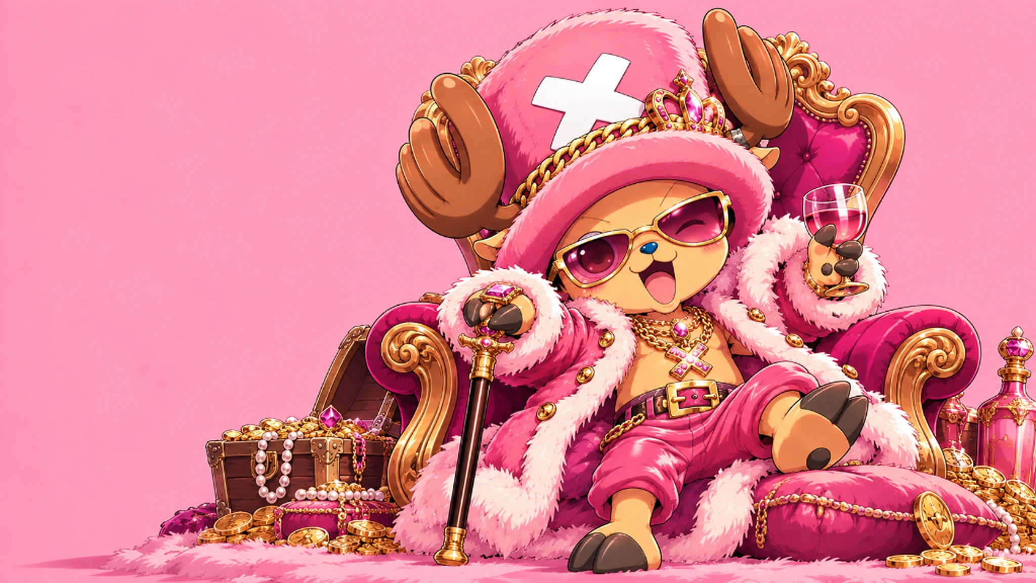Tony Tony Chopper in a pink fur-trimmed royal outfit and crown, seated on a throne. Desktop wallpaper