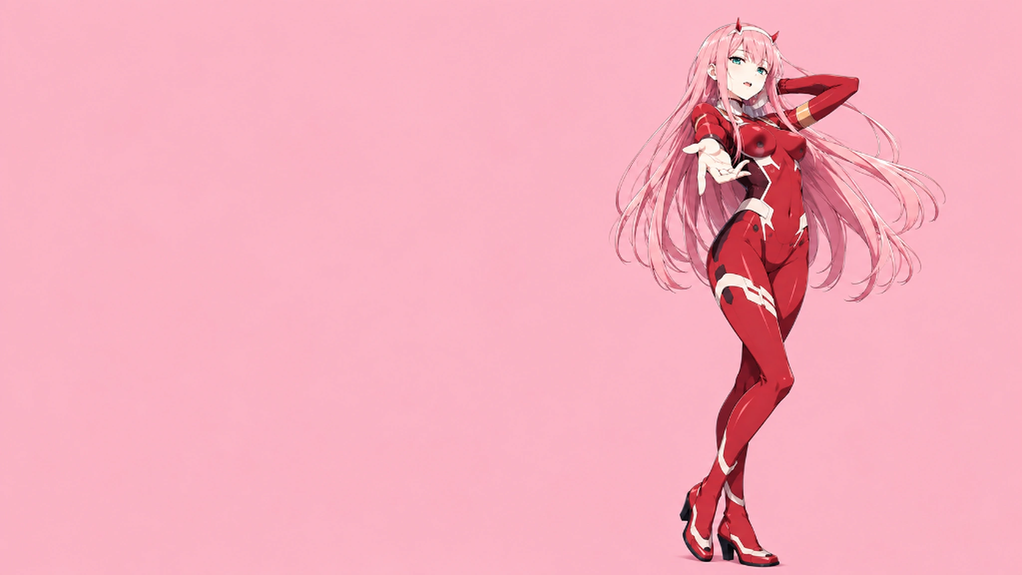 Zero Two in her red pilot suit against a rosewater-pink backdrop., desktop wallpaper