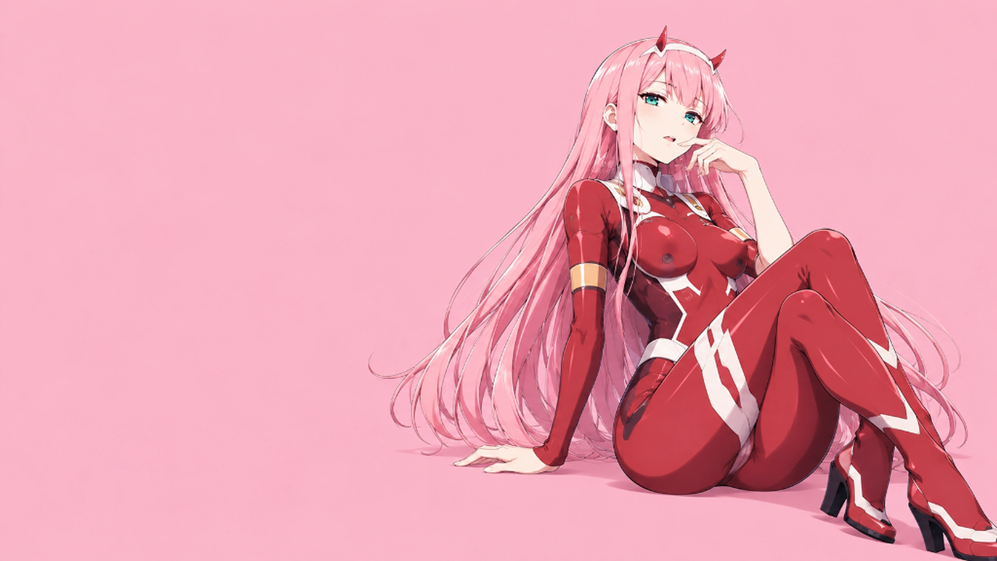 Zero Two in her red pilot suit against a rosewater-pink backdrop., desktop wallpaper