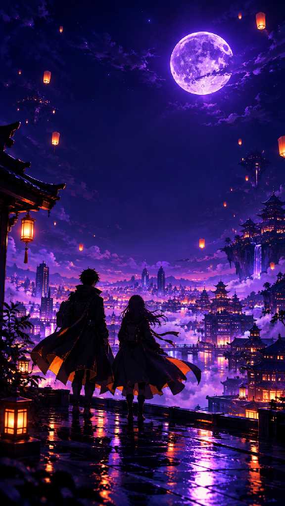 Moonlit lantern city wallpaper