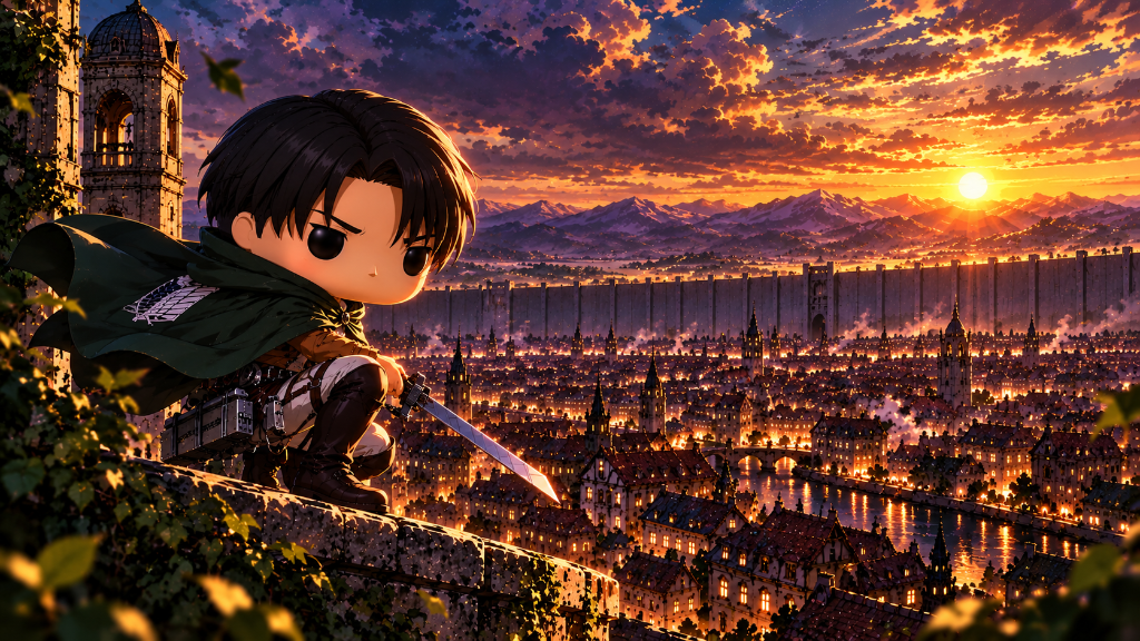 Levi Ackerman: Levi Ackerman in chibi style overlooking a lantern-lit city at sunset.
