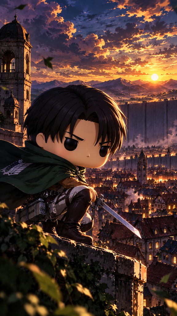 Levi Ackerman in Survey Corps gear overlooking a walled city at sunset.