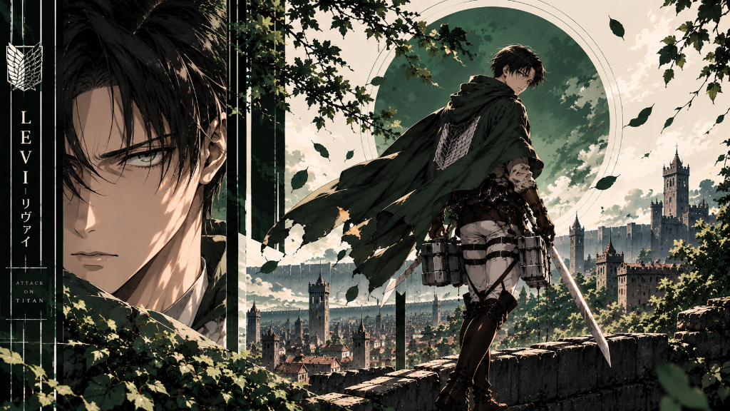 Levi Ackerman in a Survey Corps cloak overlooking a walled city beneath the Wings of Freedom insignia