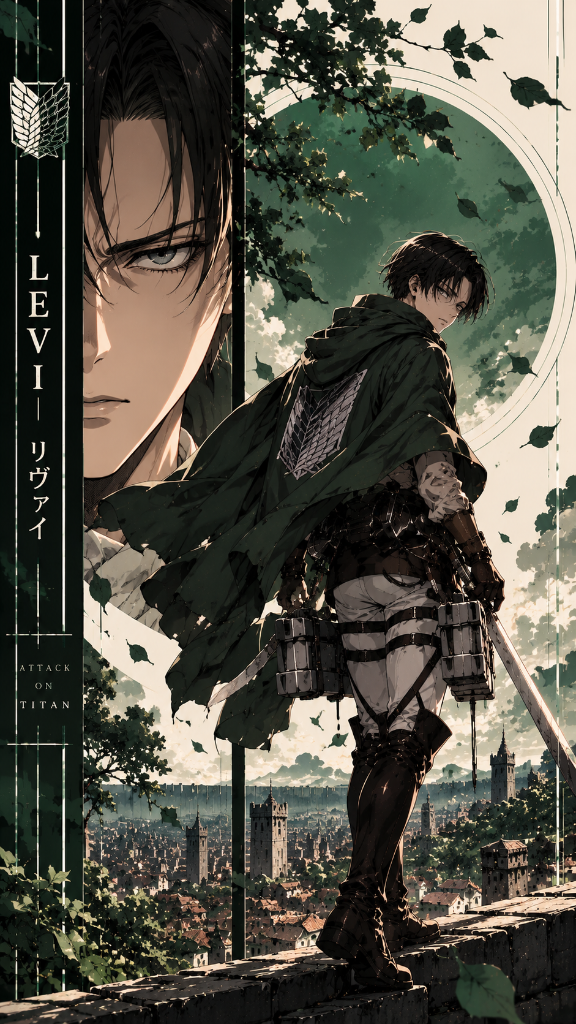 Levi Ackerman in a Survey Corps cloak overlooking a walled city beneath the Wings of Freedom insignia