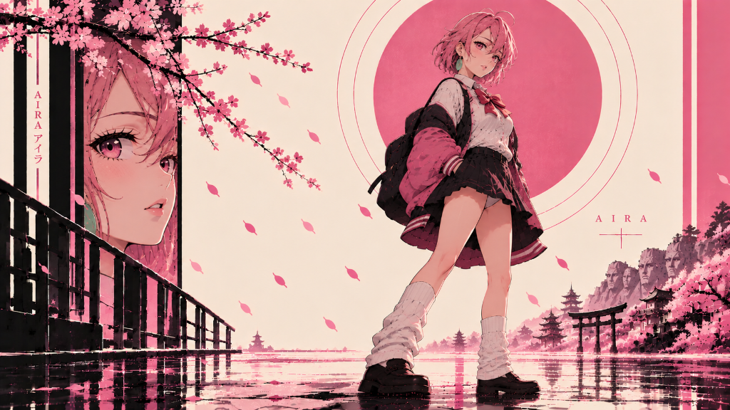 Aira in a school uniform beneath cherry blossoms before a large rose-pink sun and reflective water
