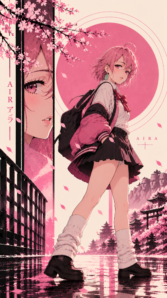 Aira in a school uniform and pink jacket beneath cherry blossoms before a rose-pink sun