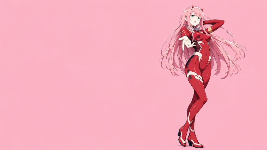 Zero Two: Zero Two in her red pilot suit against a soft pink backdrop.