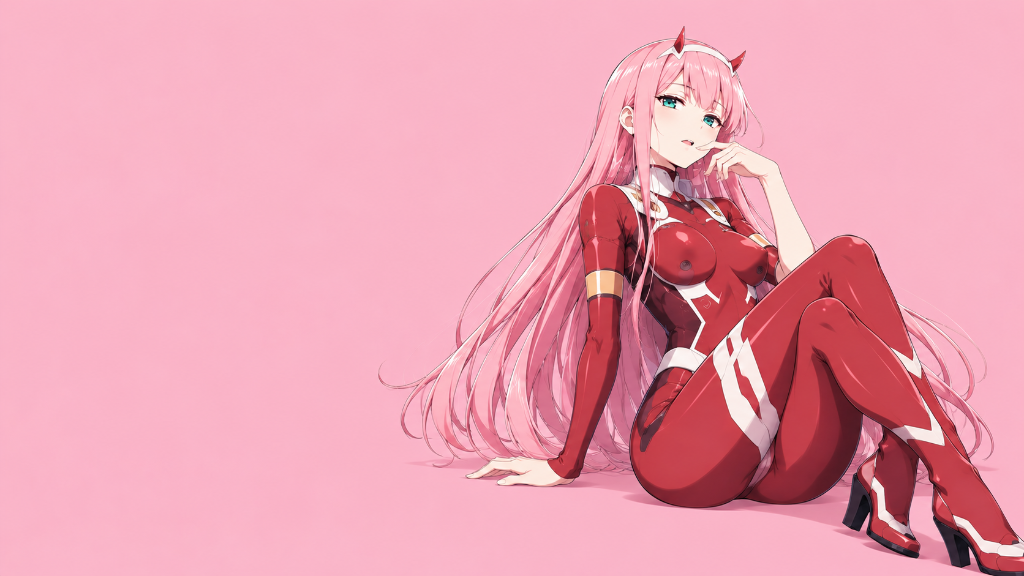 Zero Two: Zero Two in her red pilot suit against a soft pink backdrop.