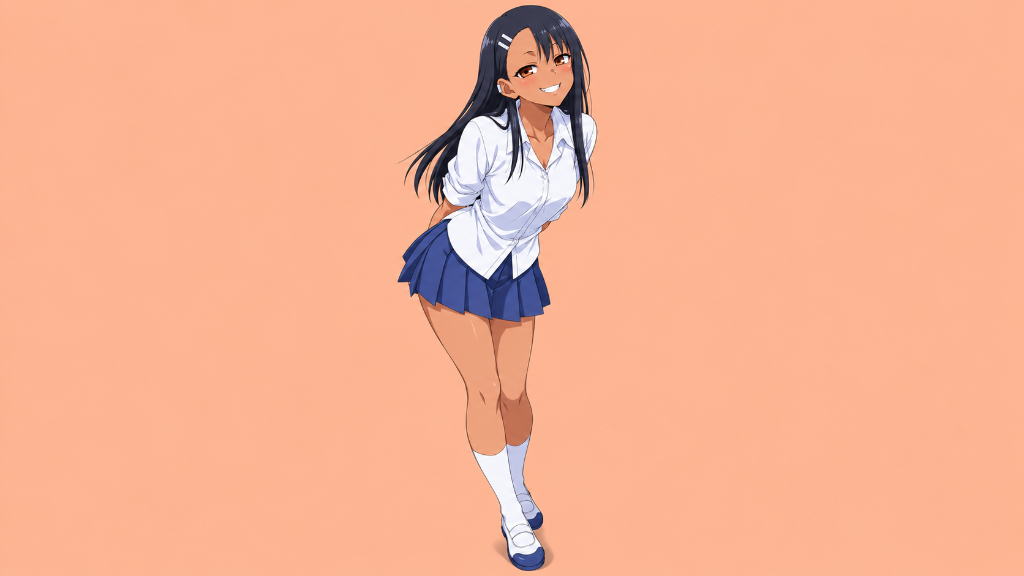 Hayase Nagatoro: Hayase Nagatoro in a white blouse and blue pleated skirt against an orange background.
