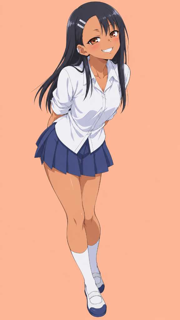 Hayase Nagatoro: Hayase Nagatoro in a white blouse and blue pleated skirt against an orange background.