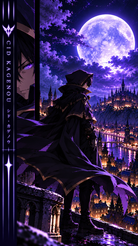 Cid Kagenou from The Eminence in Shadow overlooking a luminous violet city and citadel beneath a full moon, phone wallpaper.