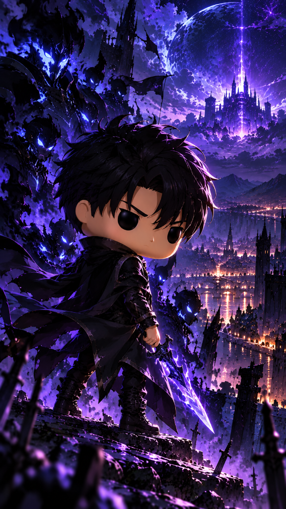 Cid Kagenou: Chibi Cid Kagenou beneath a violet moon overlooking a luminous citadel city.