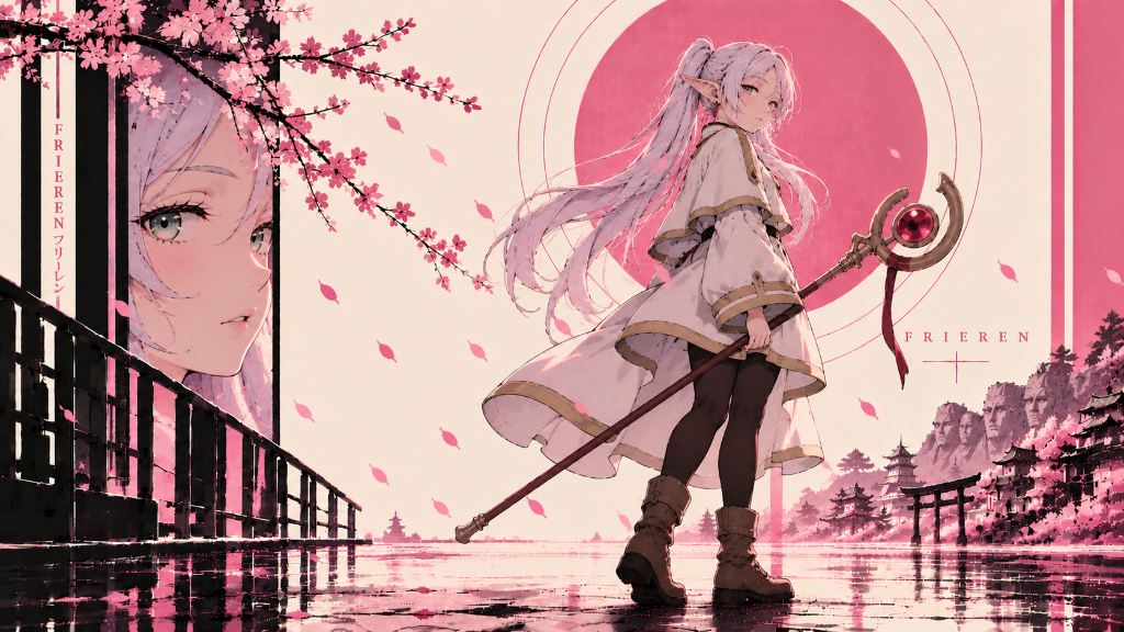 Frieren standing beneath cherry blossoms before a rose-pink sun and reflected Japanese village