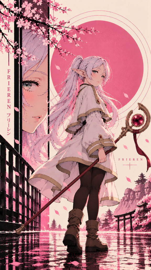 Frieren standing beneath cherry blossoms before a rose-pink sun and reflected Japanese village