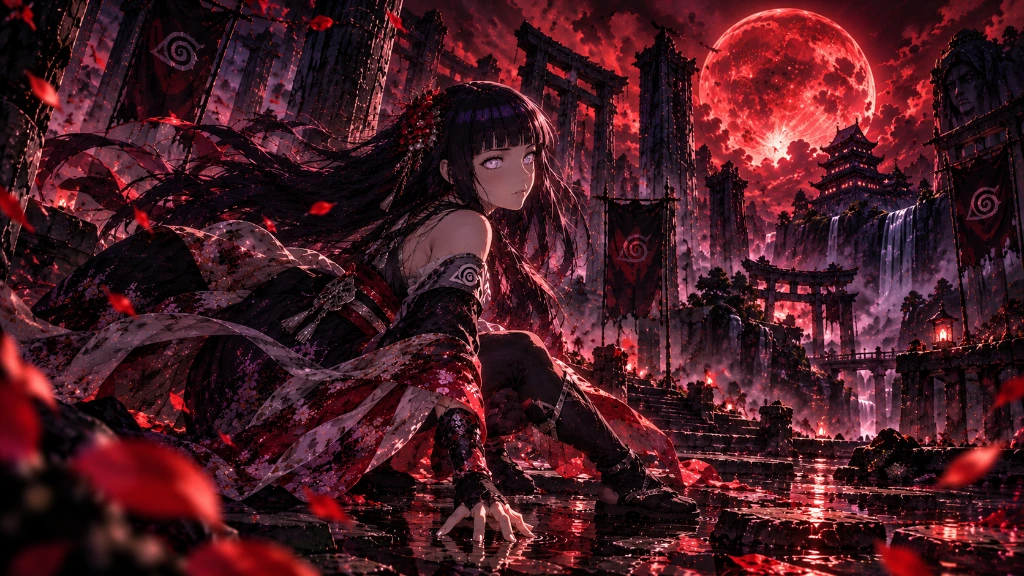 Hinata in dark shinobi-inspired clothing beneath a red moon over a dramatic village