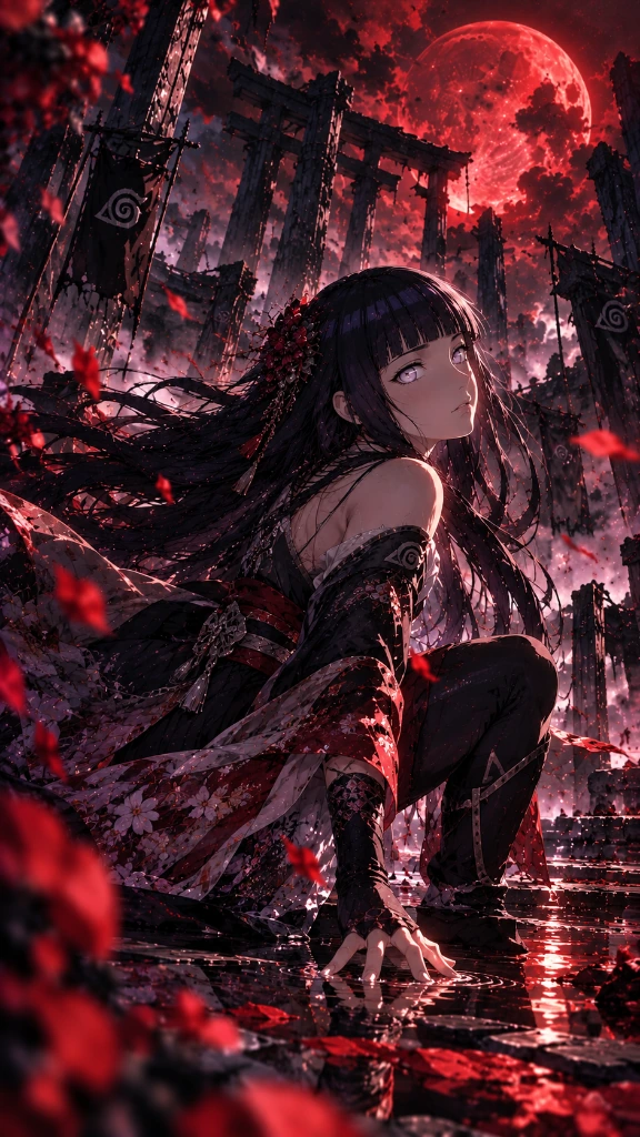 Hinata beneath a glowing crimson moon in a dark village scene