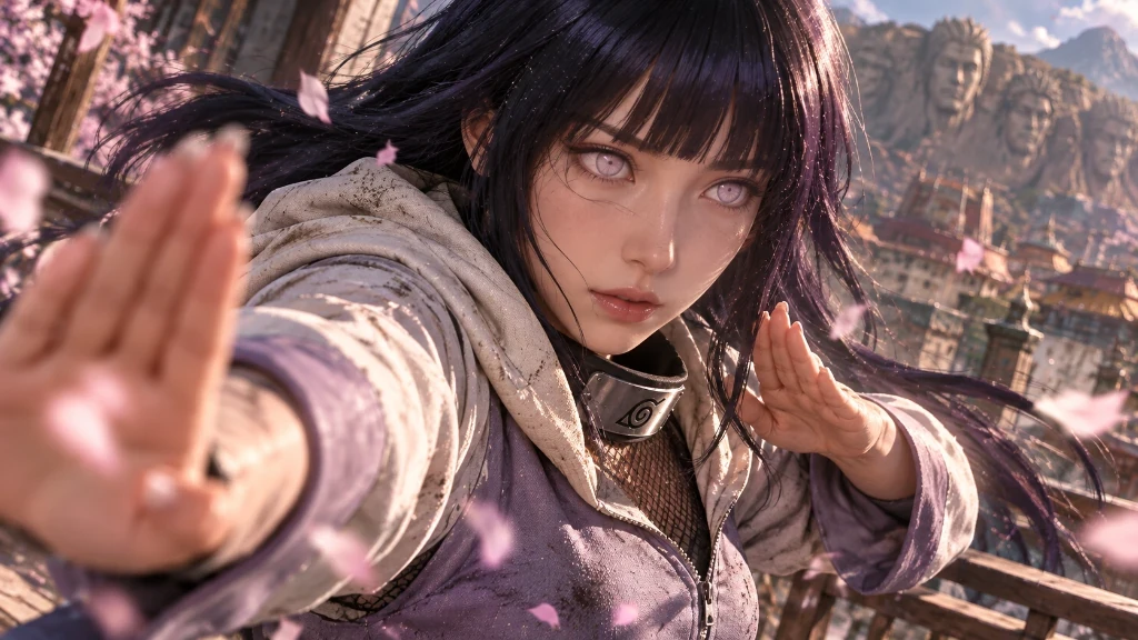 Wide Hinata Hyuga portrait training among cherry blossoms, with the Hidden Leaf Village in the distance