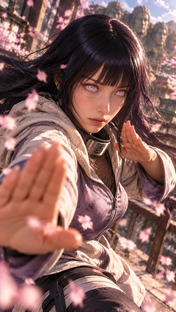 Hinata Hyuga in a lavender jacket performing a gentle hand technique among cherry blossoms at the Hidden Leaf Village