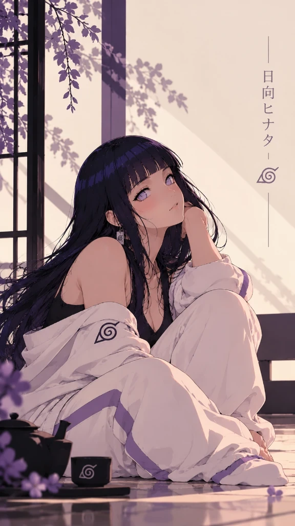 Hinata resting in a tranquil sunlit room with wisteria blossoms and warm afternoon light