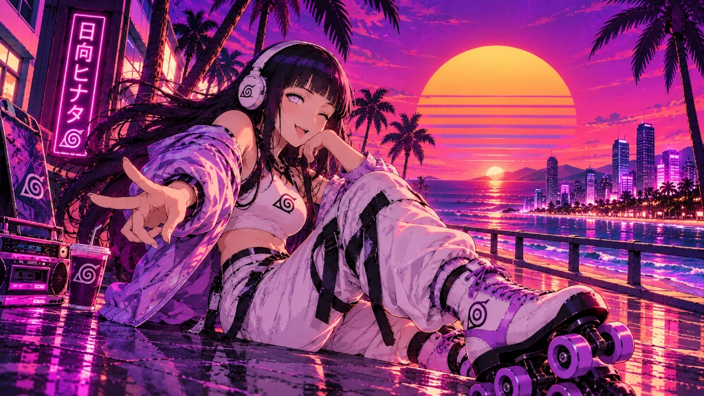 Hinata in headphones and casual streetwear at a neon tropical-city waterfront at sunset