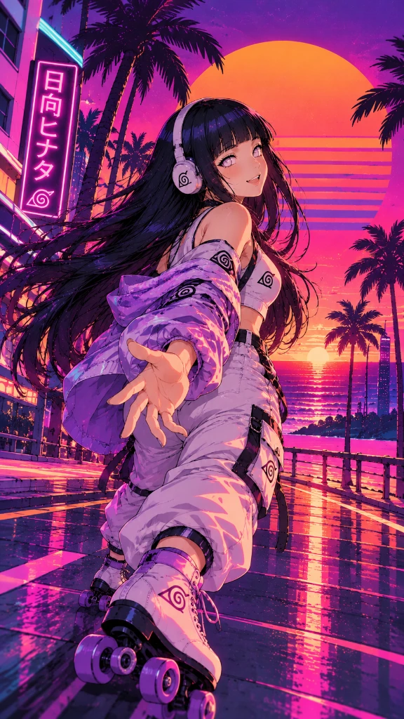 Hinata in headphones and casual streetwear against a striped sunset and palms