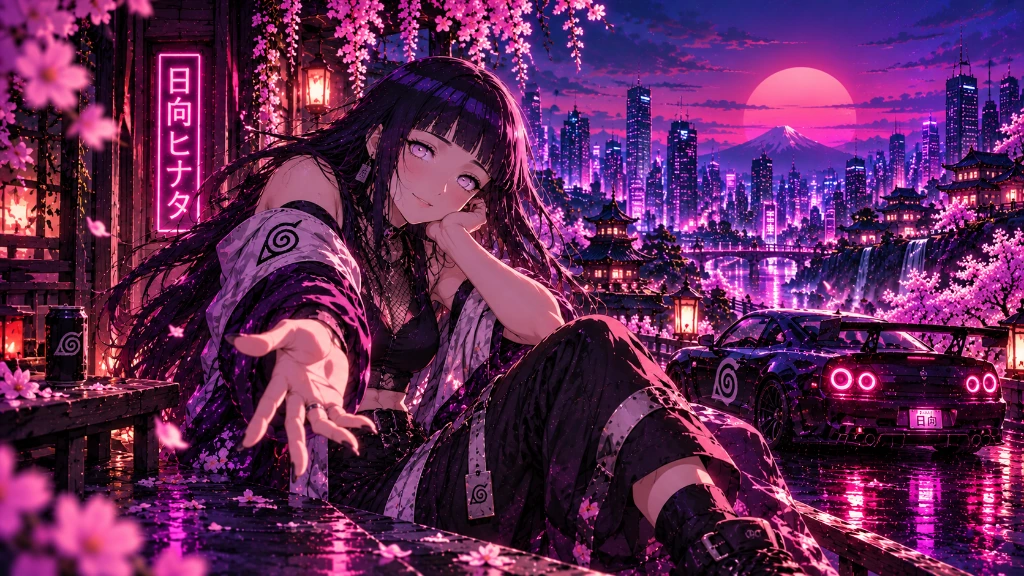 Hinata in modern streetwear beneath cherry blossoms and a neon skyline