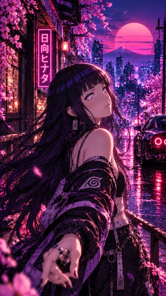 Hinata looking over her shoulder beneath cherry blossoms and a pink moon