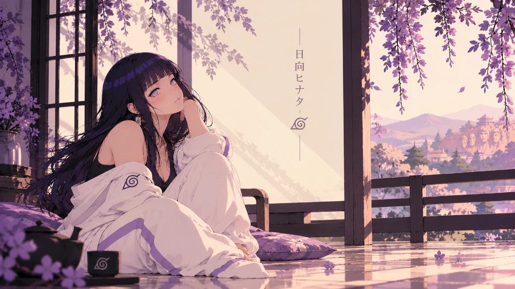 Hinata in a quiet sunlit room framed by wisteria and a distant village