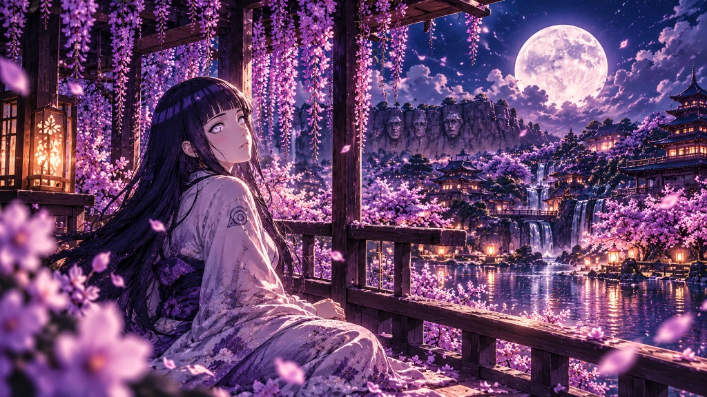 Hinata seated beneath wisteria overlooking a moonlit village and waterfall