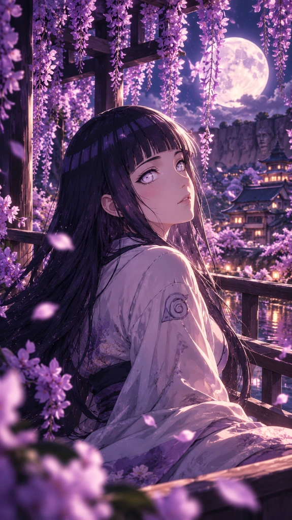 Hinata seated beneath wisteria with a bright moon over a village and waterfall