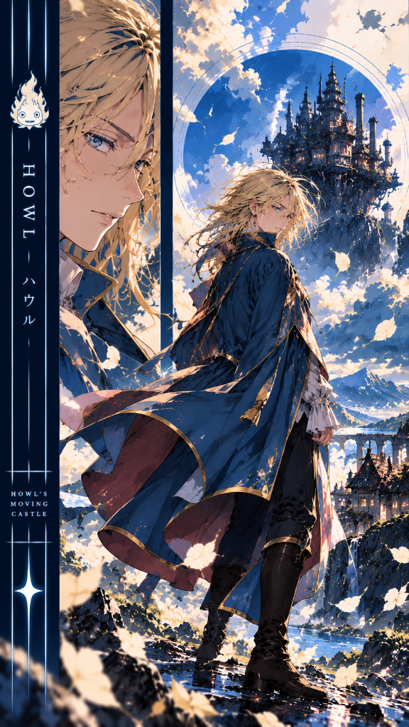 Howl in a flowing blue cloak before a castle and blue-sky landscape, phone wallpaper.