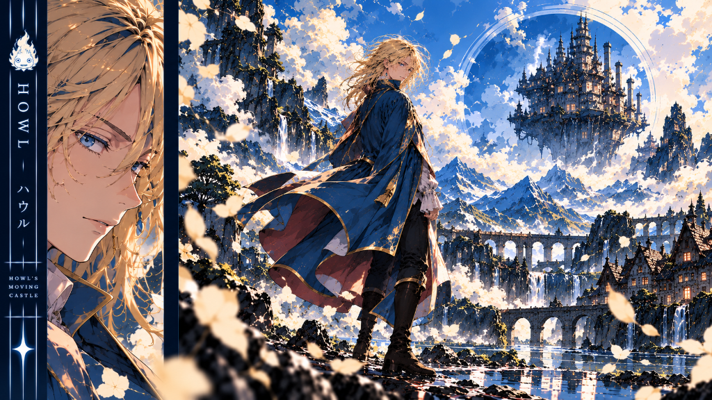 Howl in a blue cloak beneath a bright sky above a fantasy castle and mountain landscape.