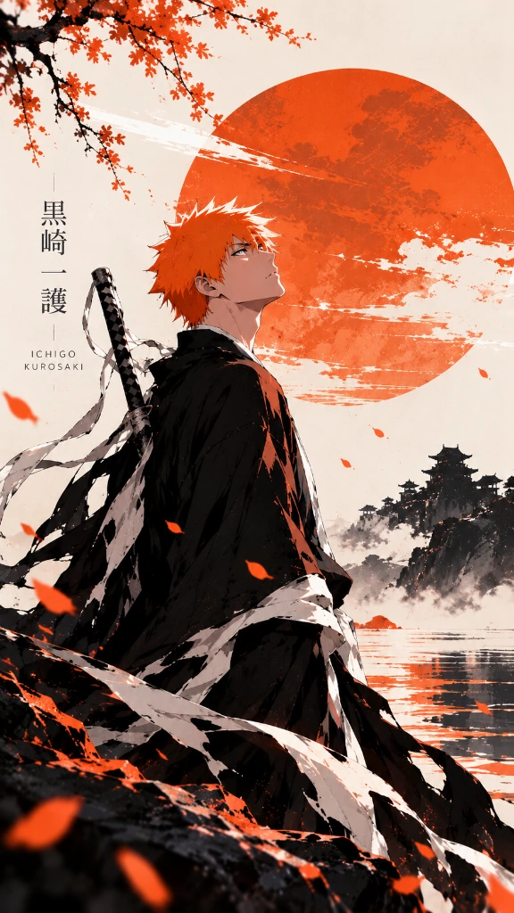 Ichigo Kurosaki beneath a large orange sun with autumn leaves and a castle silhouette