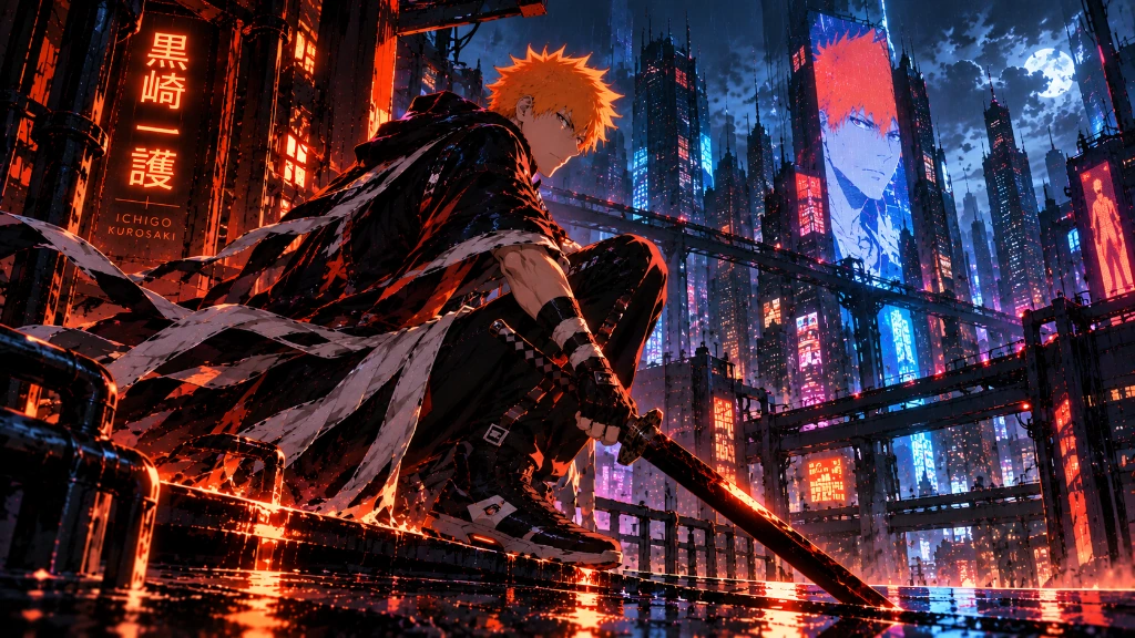 Ichigo Kurosaki beneath a vivid red sun with autumn leaves and a distant Japanese castle