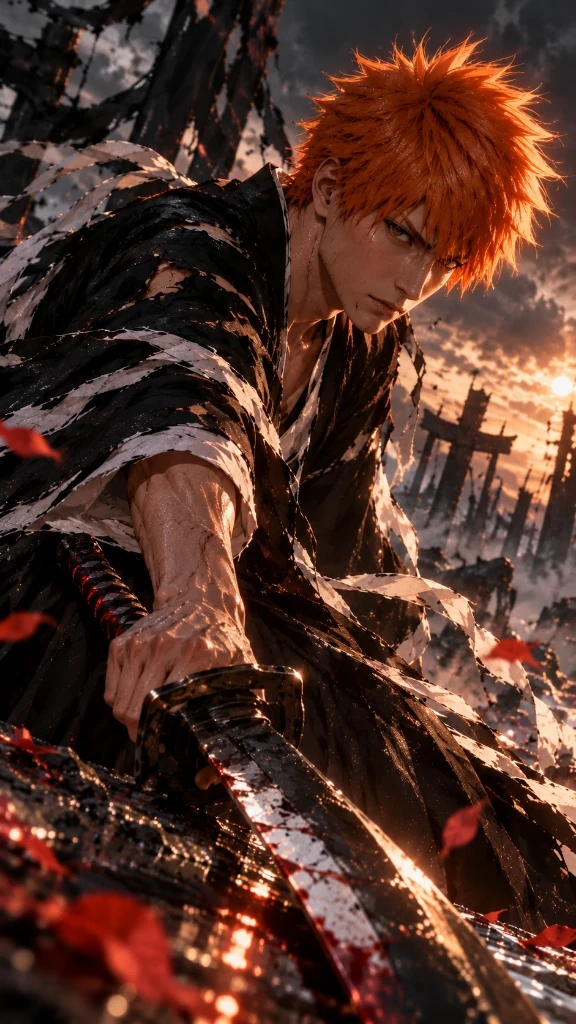 Ichigo Kurosaki holding his sword in a dark, ember-filled landscape at sunset