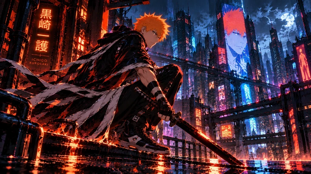 Ichigo Kurosaki in a rain-soaked futuristic city lit by orange and blue neon