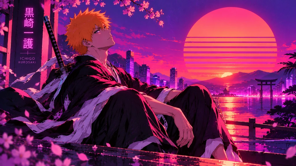 Ichigo Kurosaki crouched in a rain-soaked neon city with orange and blue lights