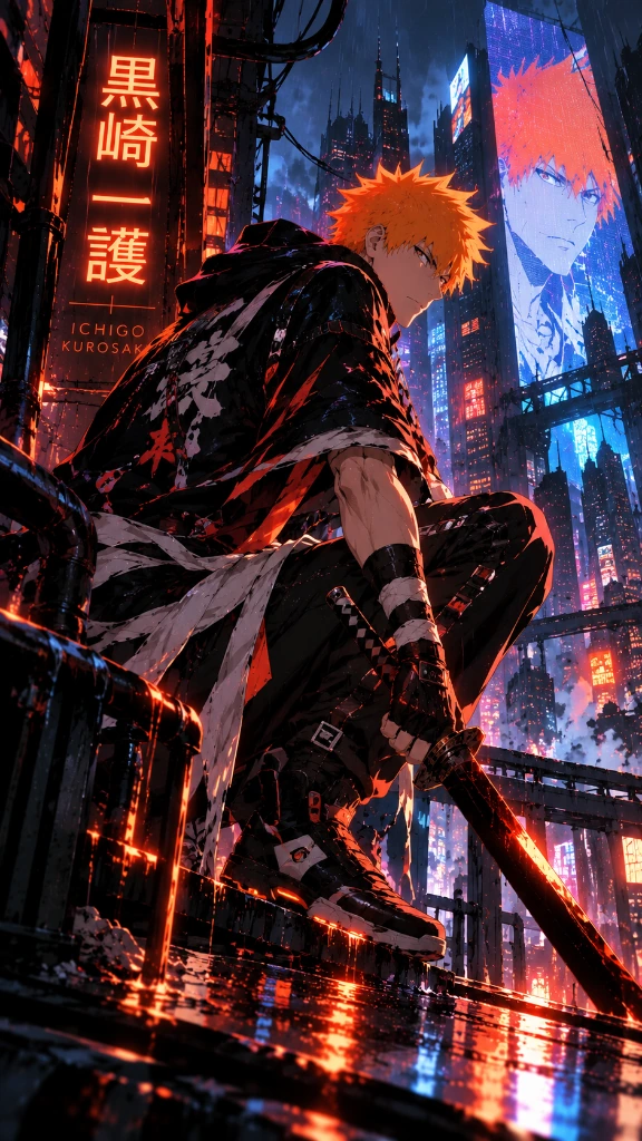 Ichigo Kurosaki crouched in a rain-soaked neon city with a glowing portrait on a screen