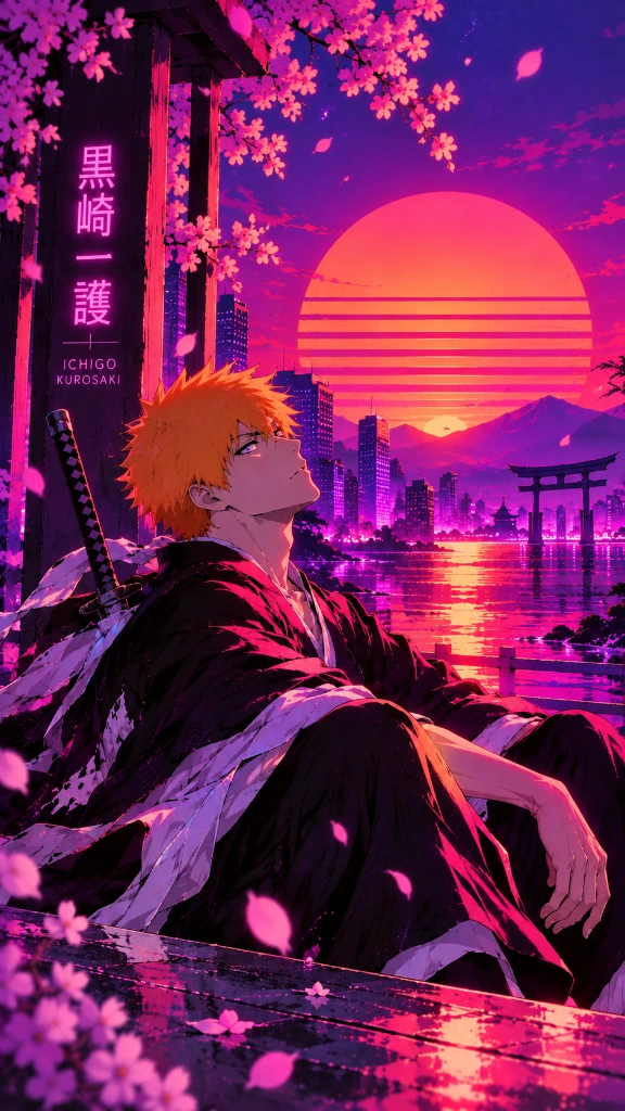 Ichigo Kurosaki in black robes by a pink and violet waterfront at sunset with cherry blossoms