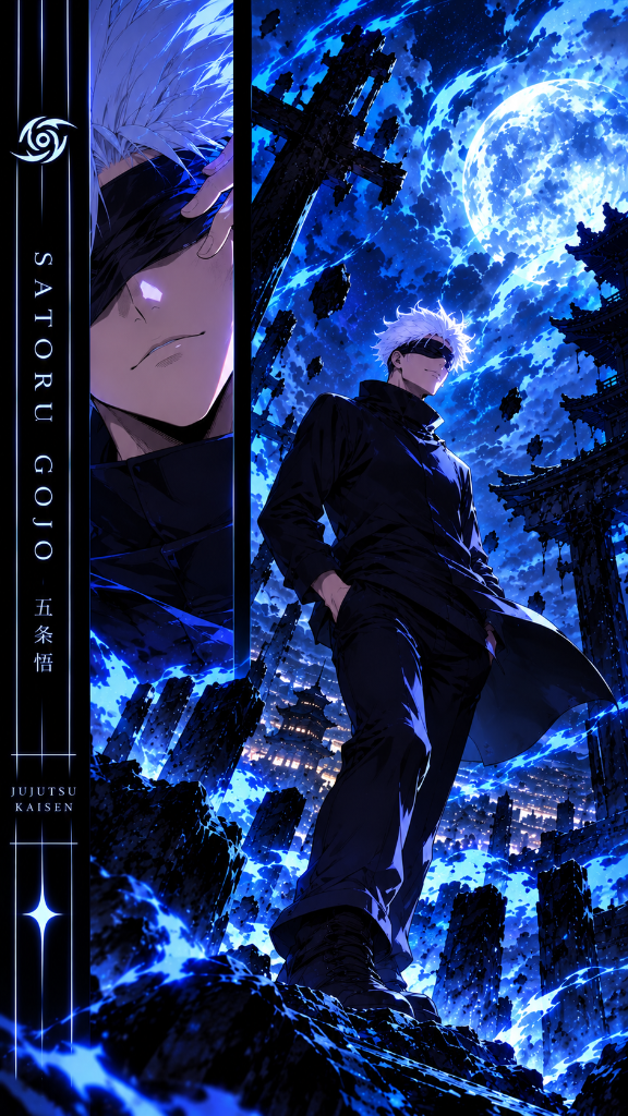 Satoru Gojo with his blindfold lifted beneath a blue moon and moonlit cityscape.